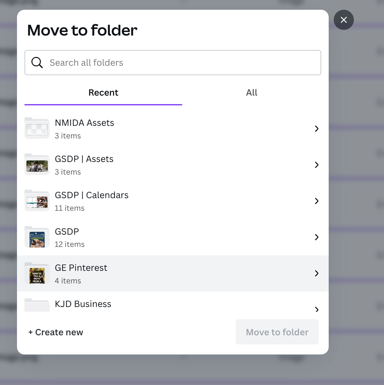 Move to folder box in Canva